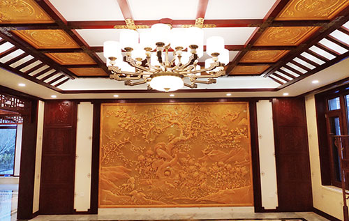 临城镇中式别墅客厅中式木作横梁吊顶装饰展示